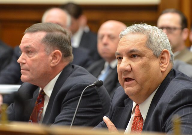 MTD Board Member Augie Tellez (right) speaks before the House Coast Guard and Maritime Transportation Subcommittee while fellow Board Member Mike Jewell listens.
