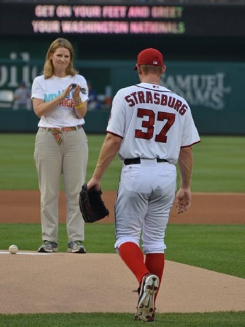 AFL-CIO Sec/Treas Liz Shuler greets Nationals pitcher Stephen Strasburg at start of DC Labor Night.
