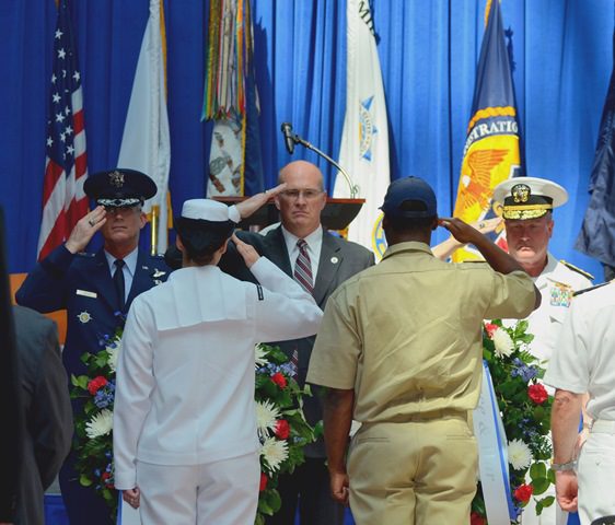 Paying their respects to those mariners who passed in the last year are (from left) US TRANSCOM Commander Gen. Paul Selva, Acting US Maritime Administrator Paul “Chip” Jaenichen and US Military Sealift Command Commander RADM T.K. Shannon