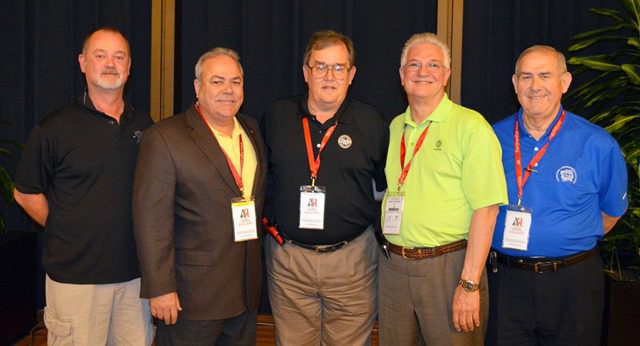 Among the MTD officials attending the ITF Congress in Sofia, Bulgaria, are (from left) Eastern Area Exec Bd Mbr James Given, Western Area Exec Bd Mbr Sito Pantoja, Exec Sec-Treas Daniel Duncan, Exec Bd Mbr Robert Scardelletti, and Cleveland PMC Pres John Baker.