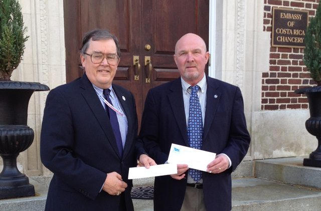 From left, Daniel Duncan, MTD Exec Sec-Treas, and Ingo Esders, ILA Legislative & Government Affairs Director, hand deliver letters from their respective presidents (Michael Sacco and Harold Daggett) regarding the police attack on protesting dock workers in Limon and Moin to the Costa Rican embassy in Washington.