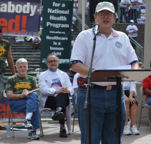 MTD Exec Sec-Treas Daniel Duncan addresses Mine Workers during a 2013 rally in St. Louis as UMWA Intl Pres Cecil Roberts (dark shirt) looks on.