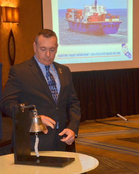 San Francisco PMC Sec-Treas Nick Celona rings a ship’s bell for each lost crewmember from the ill-fated El Faro during a memorial at MTD board meeting.