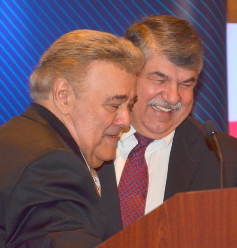 MTD President Michael Sacco (left) greets AFL-CIO President Rich Trumka to open the second day of the MTD Executive Board meeting.