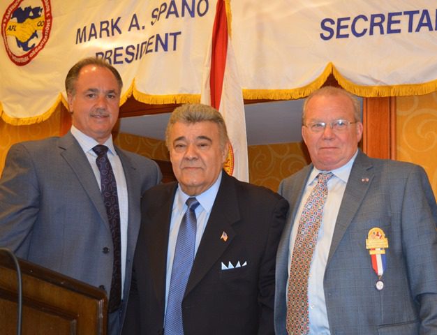 MTD President Michael Sacco poses between International Union of Allied, Novelty and Production Workers President Mark Spano (left) and Secretary-Treasurer Steve Torello after delivering the keynote address at the union’s convention.