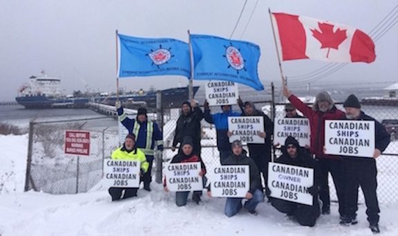 Unionists show their support for the Canadian cabotage laws in St. John’s Newfoundland. 