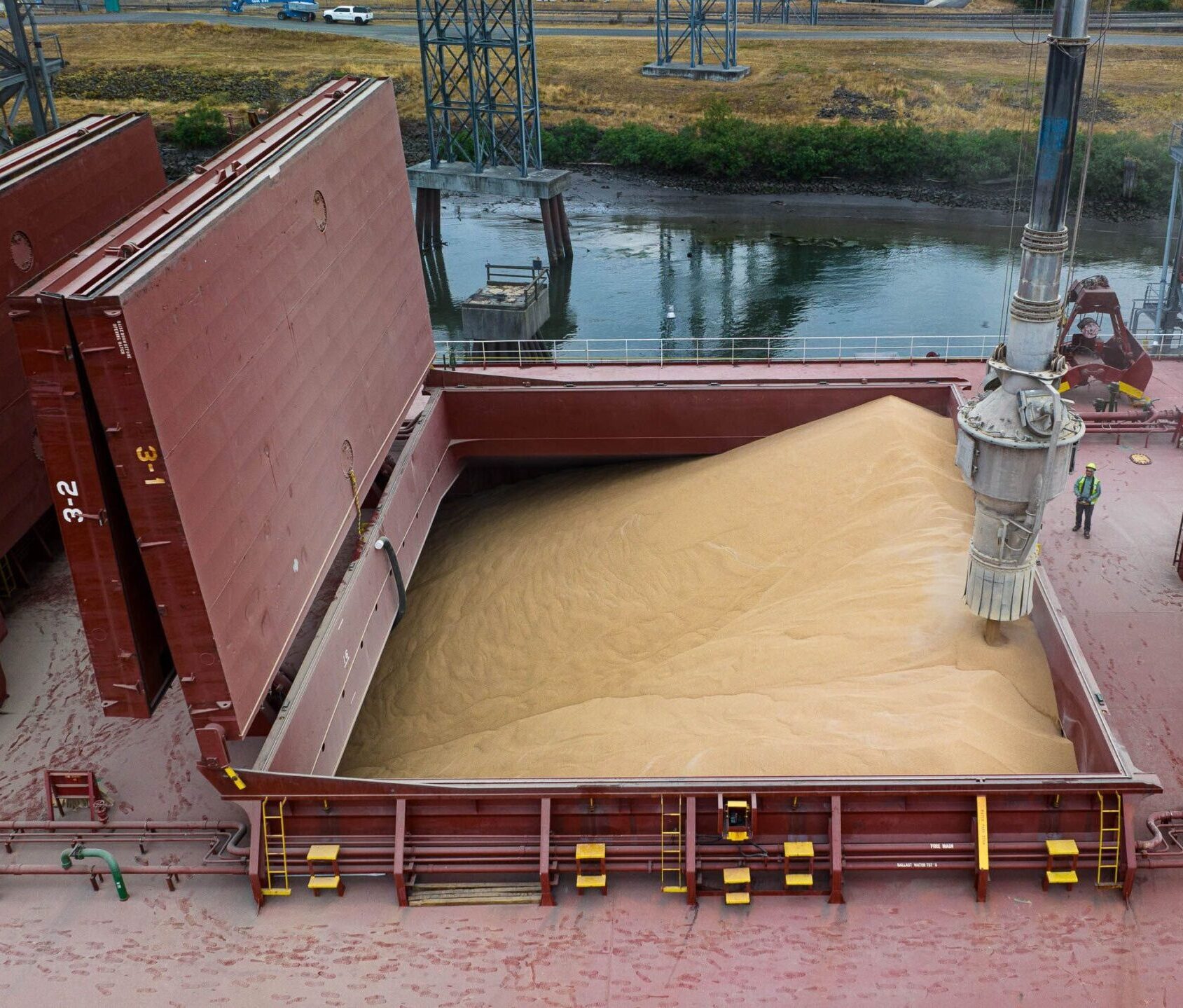 American-grown grain is loaded into the Liberty Glory's hold.